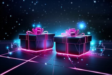 Neon Christmas gift boxes and decorations. Happy New year anniversary or Christmas or happy birthday concept.