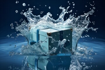 The gift box crashed onto the water. Happy New year anniversary or Christmas or happy birthday concept.