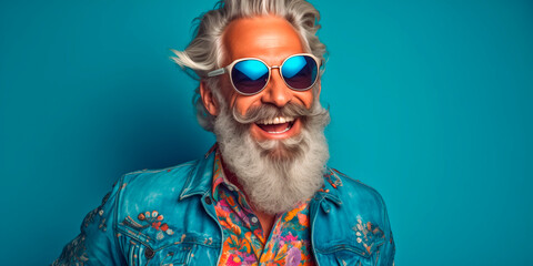 Smiling man with gray beard wearing bright party glasses dancing, blue background