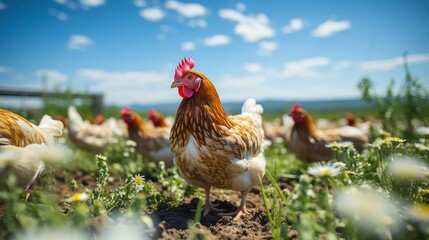 Chicken farm with green grass and clear sky