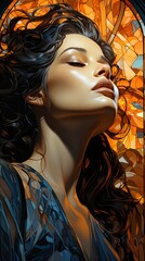 Illustration in stained glass style with portrait of a beautiful woman. Fashion design or Digital wall art concept.