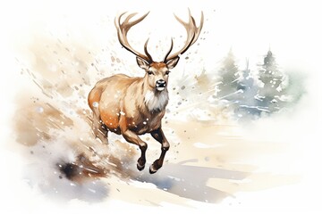 A watercolour painting of a reindeer running through the snow. Christmas themed landscape