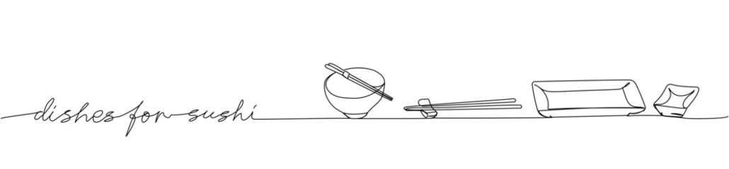 Japanese chopsticks, sauce bowl, Dinnerware Set one line art. Continuous line drawing of sushi, japanese, food, roll, culture, tasty, with inscription, lettering, handwritten.