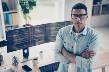 Photo of serious confident businessman outsource freelance programmer folded arms fulfill all tasks...