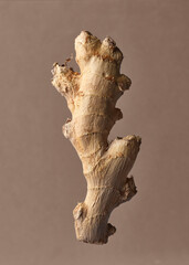 Photo of a piece of raw ginger on brown background