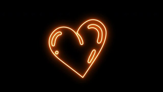 4k Animated Hand Drawn Doodle heart icon in orange color neon light effect isolated on black background. Autumn, Love or Valentines day design element. Illuminated hand drawn isolated heart design.