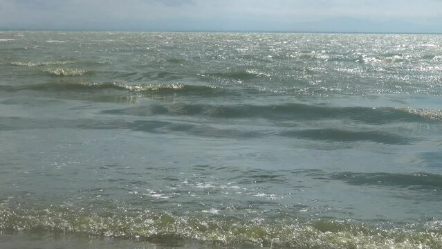 Lagrangian wave. The shore of the hypersalted shallow lake Sivash in storm weather. The Sea of Azov
