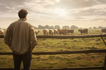 The back view of a big man in cowboy wide brimmed hat and boots stand near a wooden fence while looking at the cow herd in the field. Generative AI. - obrazy, fototapety, plakaty