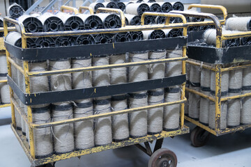 large bobbins of flax threads for fabrics .Flax processing plant, fabric production. Flax is made...