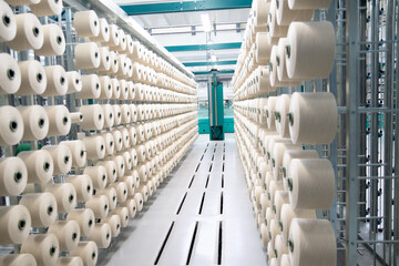 large bobbins of flax threads for fabrics .Flax processing plant, fabric production. Flax is made .A workshop at a textile factory.