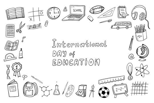 Rectangular frame clipart of International Day of Education with lettering. School icons Back to school. Great for banner, posters, cards, professional design, website, advertising. Doodle style