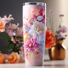 Design a 3D tumbler wrap featuring an array of vibrant and delicate flowers, creating a beautiful bouquet that wraps around the tumbler's surface.