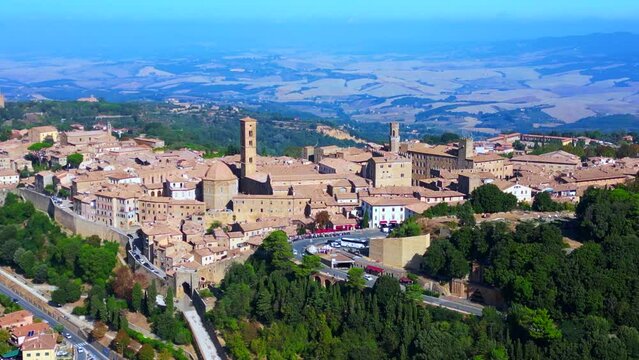 Great aerial top view flight drone. Volterra quaint medieval Town Italy summer