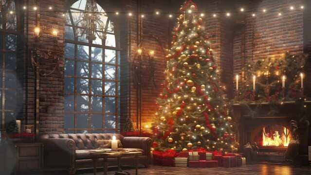 Christmas, Living room with Christmas and New Year decorated red brick wall background classic interior. cartoon or anime watercolor illustration style looping video background