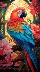 Obraz premium blue and yellow macaw on a branch with leaves In colorful style.