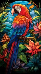 blue and yellow macaw on a branch with leaves In colorful style.