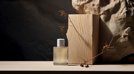 The bottle of perfume sits on top of wooden objects - obrazy, fototapety, plakaty