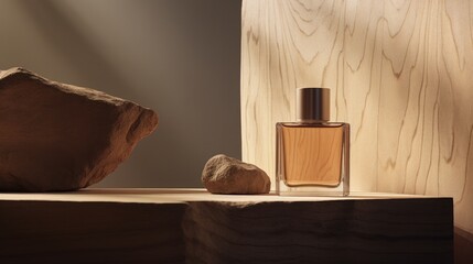 The bottle of perfume sits on top of wooden objects