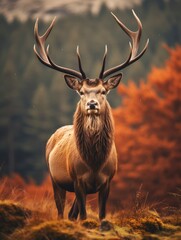 An antlered deer against a forest background