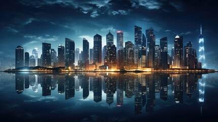 skyline at night with reflection.