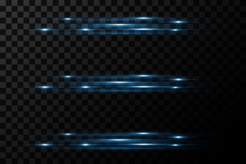 Pack of bright horizontal highlights, rays, lines on a transparent background. Laser beams, horizontal light beams.