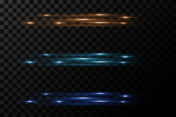 Pack of bright horizontal highlights, rays, lines on a transparent background. Laser beams, horizontal light beams.
