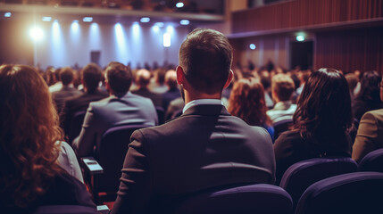 Rear view of people in audience at a business event in a conference hall