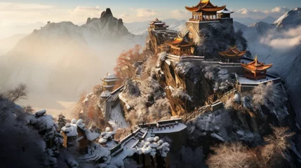 Fototapete Altes Gebäude The xiayuan temple on a mountain top is in the winter, in the style of dark yellow and light gold, hindu art and architecture