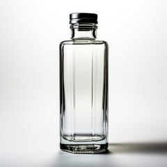A clear glass bottle with a black lid, clipart on white background.