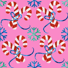 Holiday seamless pattern with candy, snowflakes. Christmas background.