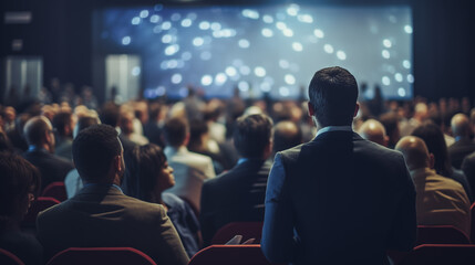 Rear view of people in audience at a business event in a conference hall