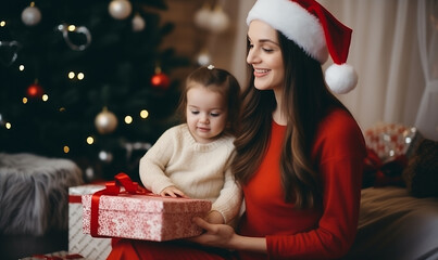 Fototapeta na wymiar Happy family having fun at home at christmas time. Mother in santa hat and daughter celebrate Christmas at home with christmas tree background. Woman sits with little girl and holds a gift box.