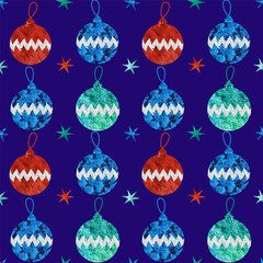 Holiday seamless pattern with xmas ball and stars. Christmas background.