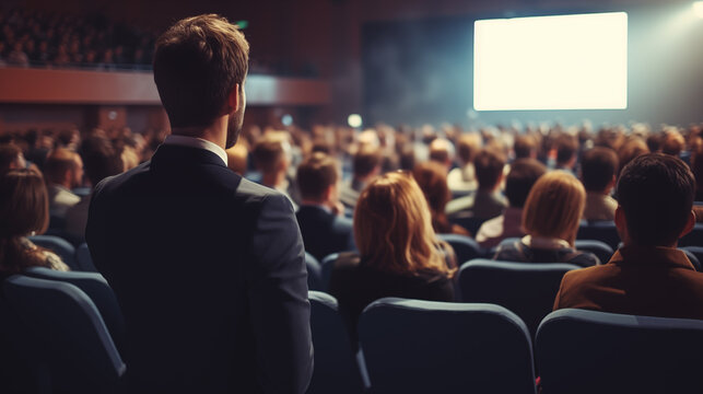 Rear view of people in audience at a business event in a conference hall