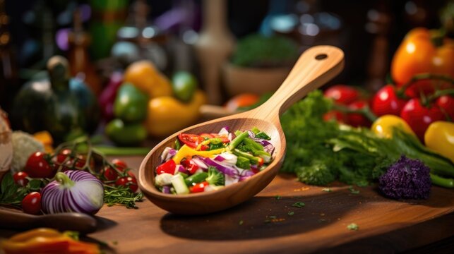 A wooden spoon filled with vegetables sitting on top of a cutting board, vegan January challenge.
