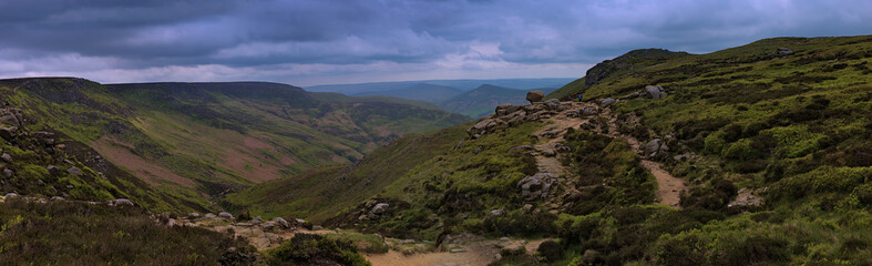 Fototapeta na wymiar A Peak District Landscape Panorama Photo From Kinder Scout Showing Grindslow Knoll And Grindsbrook Clough