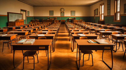 Aesthetic configurations of classroom desks, symmetrical islands of learning,