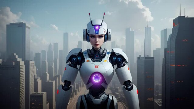 Android robot on futuristic sity background