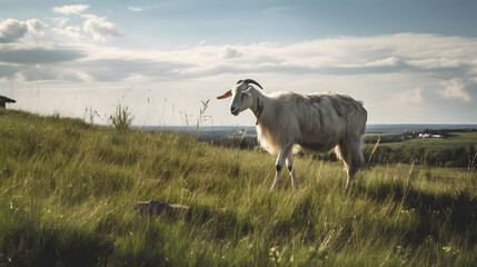 Obraz na płótnie Canvas Rural Goat Grazing Green Grasslands, Generative AI