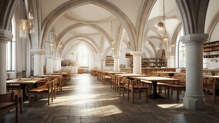 A cafeteria with a monastic inspiration, featuring long wooden communal tables, stone floors, and arched ceiling details.