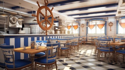 A cafeteria with a nautical theme, featuring blue and white striped walls, ship wheel decor, and rope-trimmed counters.
