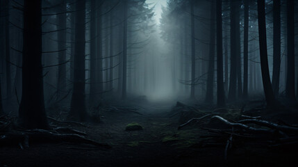 A mysterious, moody ambiance is created by a misty, shadowy forest and dramatic illumination.