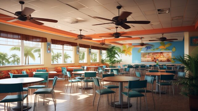 A Caribbean-themed cafeteria with bright, tropical colors, ceiling fans with palm leaf blades, and a faux beachfront view.