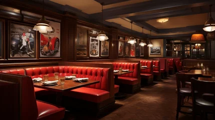 Foto op Plexiglas A classic American steakhouse-style cafeteria with leather booths, a salad bar cart, and vintage sports memorabilia on the walls. © Ai Studio