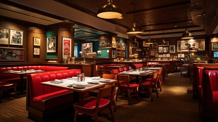 A classic American steakhouse-style cafeteria with leather booths, a salad bar cart, and vintage sports memorabilia on the walls.