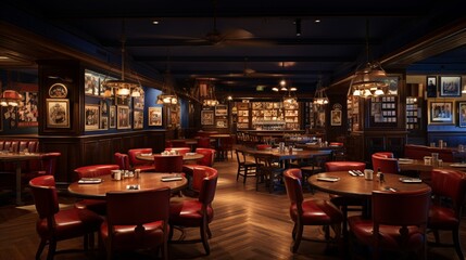 A classic American steakhouse-style cafeteria with leather booths, a salad bar cart, and vintage sports memorabilia on the walls.