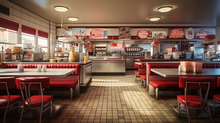 A classic cafeteria setup with red checkered tablecloths, nostalgic posters on the walls, and a serving line with stainless steel counters.