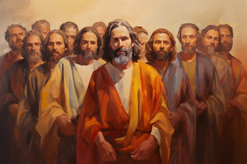 Oil painting of Jesus Christ and his twelve disciples - obrazy, fototapety, plakaty