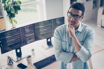Photo of ponder programmer wear spectacles thinking how fix bugs his juniors team job results deciding in office workplace background - obrazy, fototapety, plakaty