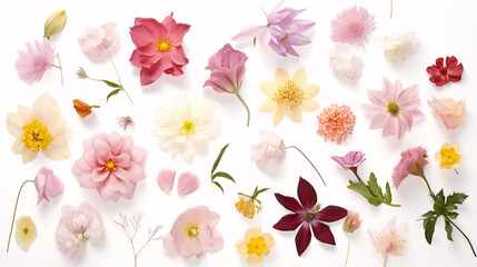 A colorful bouquet of blooms viewed from above, set against a white backdrop.